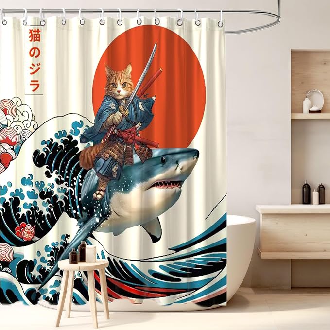 Funny Japanese Cat Shower Curtain, Cat Riding Shark Japan Anime Ocean Wave Waterproof Shower Curtain with Hooks, Funky Animal Sun Fabric Shower Curtains Kids Bathroom Decor 72X72inches
