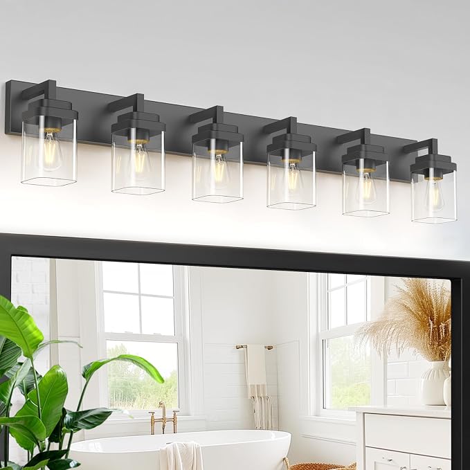Matte Black Bathroom Light Fixtures, Modern Vanity Lights with Clear Glass Lamp Shade, Bathroom Lighting Fixtures Over Mirror, Restroom Vanity Lighting Fixture, 6-Light 46 Inch