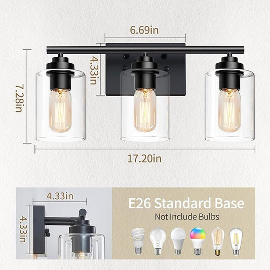 Bathroom Light Fixtures Over Mirror,3-Light Wall Sconce Vanity Lights for Bathroom,Vanity Lighting Fixtures,Black