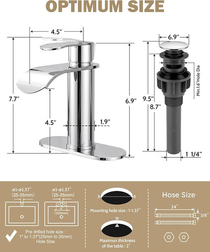 Waterfall Bathroom Faucet Chrome: WOWOW Modern Single Handle Bathroom Faucets for 1 or 3 Hole Bathroom Sink Faucet Mixer Tap Washbasin Faucet with Deck, Pop-up Drain and Supply Hoses