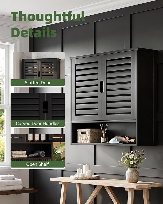 SMIBUY Bathroom Cabinet Wall Mounted, Bamboo Over-The-Toilet Storage Organizer, Space Saver Medicine Cabinet with 2 Door and Adjustable Shelves (Black)