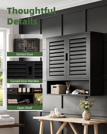 SMIBUY Bathroom Cabinet Wall Mounted, Bamboo Over-The-Toilet Storage Organizer, Space Saver Medicine Cabinet with 2 Door and Adjustable Shelves (Black)