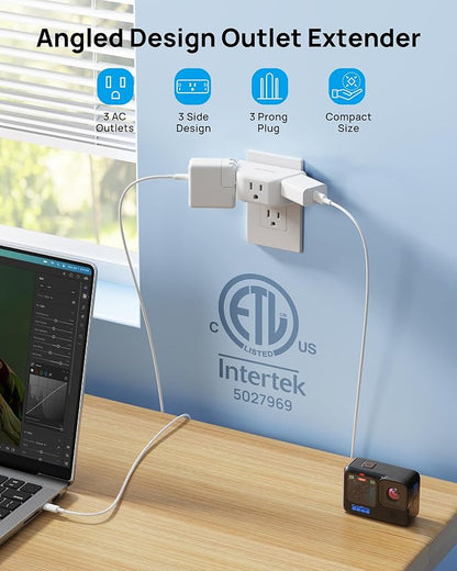 TROND Outlet Extender, 3 Way Angled Outlet Splitter for Bathroom Kitchen | ETL Listed Plug Expander with 3 Electrical Sockets, 3-Prong Grounded Wall Plug Adapter, Cruise Ship Essentials, White
