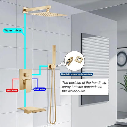 Midanya Rain Shower System with Tub Spout,Tub Shower Faucet Set with rainfall Shower Head and Handheld Spray,Wall Mount Tub Shower Combo Rough-in Valve Included,10 Inch Brushed Gold