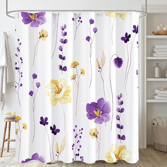 Purple Yellow Watercolor Floral Fabric Shower Curtain, 72x72 | Waterproof Fabric, Modern Minimalist Floral Print, Machine Washable, Rustproof Grommets, for Bathroom Home