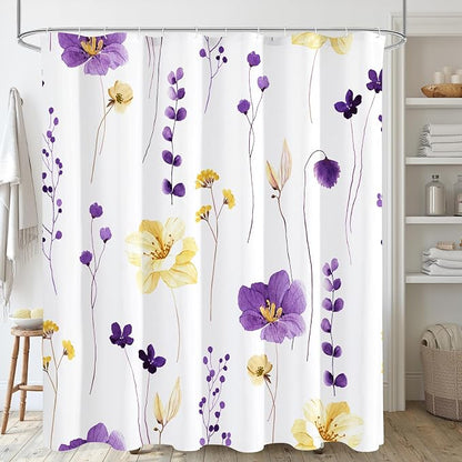 Purple Yellow Watercolor Floral Fabric Shower Curtain, 72x72 | Waterproof Fabric, Modern Minimalist Floral Print, Machine Washable, Rustproof Grommets, for Bathroom Home