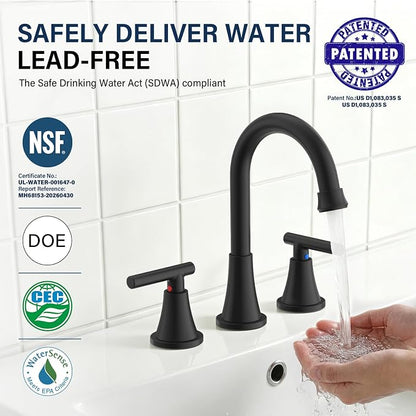 Bathroom Faucet 3 Hole, Matte Black Faucets with Drain and Supply Lines | Hurran Stainless Steel Lead-Free Widespread Bathroom Sink Faucet for Vanity RV Restroom Laundry Outdoor Camper, 2 Pack