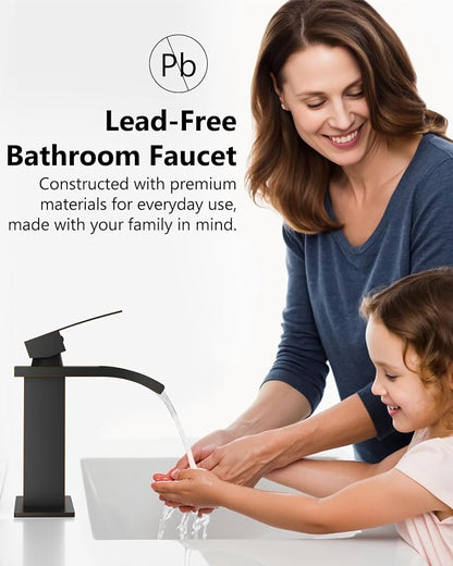 Oil Rubbed Bronze Waterfall Bathroom Faucet 1-Handle Vanity Faucet | Stainless Steel Modern Bathroom Sink Faucet,Pop-Up Drain, Supply Lines 6-in Deck Plate, 1- or 3-Hole, NSF Certified