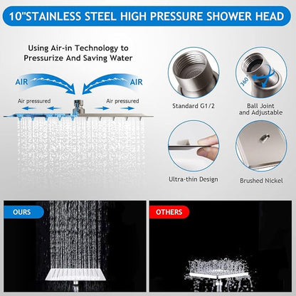 Shower Head Combo,10" Brushed Nickel High Pressure with 11" Extension Arm | Rain Shower Head with 5 Settings Handheld Shower Head Combo,Powerful Shower Spray Against Low Pressure Water