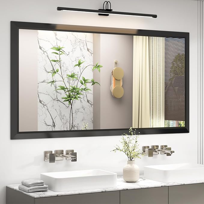 SMIROR 66x36 Matte Black Bathroom Vanity Mirror for Over Sink | Metal Wide Frame, Rectangle, Right- Angle Corner, Anti-Rust, Horizontally or Vertically Wall- Mounted for Home Remodel