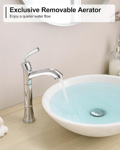 Tall Vessel Sink Faucet, Brass Bathroom Vessel Faucet, One Hole, Single Handle with Pop-Up Drain & Supply Water Hoses, No Leaks, Chrome