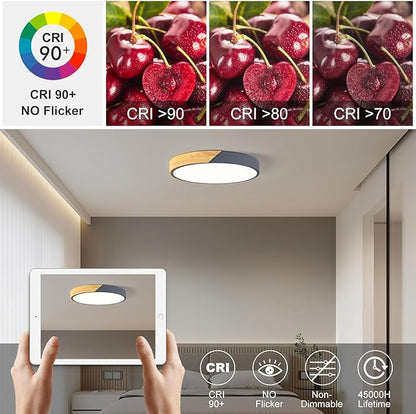 Vikaey Modern LED Ceiling Light, Minimalist Wood Flush Mount Ceiling Light Fixture, 4000K Not Dimmable, Circle Lighting Lamp with Acrylic Lampshade for Bedroom Dining Room Laundry (Grey, 15.8'')