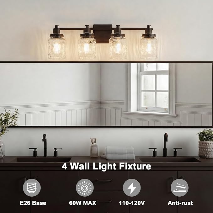 4 Light Bathroom Vanity Light Fixtures Farmhouse Oil Rubbed Bronze | ETL Certificate, Easy to Install,Wall Mount Up or Down,Hammered Glass Lampshade,E26 Socket,Hardwired,120V