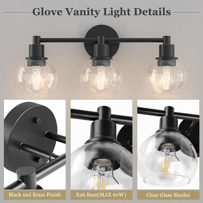 3 Lights Bathroom Vanity Light Fixtures Black, Bathroom Lights Over Mirror, Industrial and Farmhouse 3 Lights Wall Sconce, Matte Black Globe Vanity Lighting Fixtures