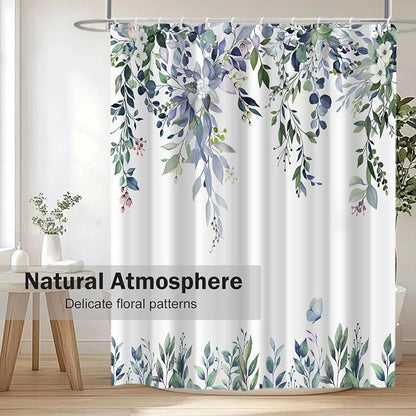 Dark Green Floral Eucalyptus Shower Curtain with Hooks, 72x78 Inch | Waterproof Fabric, Watercolor Leaves and Floral, Botanical Style, Machine Washable, Quick-Drying, for Hotel Bathroom