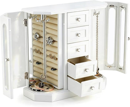 RR ROUND RICH DESIGN Vintage Jewelry Armoire with Mirror White | Solid Wood Jewelry Box Organizer with 5 Drawers & 2 Glass Doors - Large Capacity Desktop Dresser Case