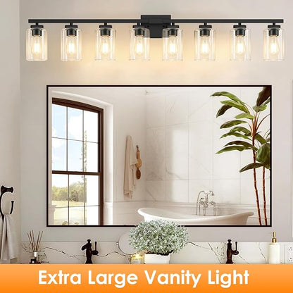 51” Bathroom Light Fixtures Over Mirror,8-Light Black Vanity Light | Large Size, Square Clear Glass & Durable Metal, Quick & Easy Installation, Standard E26 Socket, Bright Bathroom Lighting