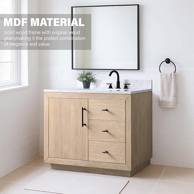 HOMEBEYOND 42 Inch Bathroom Vanity with Single Sink & Ceramic Top, MDF Material Vanity Cabinet with Basin Combo, Soft-Closing Doors, Removable Shelf, Backsplash