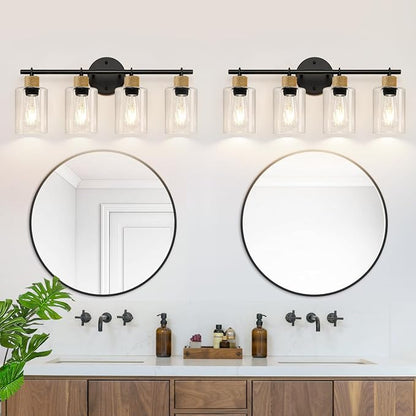 MOKATNG Bathroom Light Fixtures, 4-Light Farmhouse Vanity Lights with Hemp Rope, Black Bathroom Wall Lamp for Mirror Kitchen Hallway Cabinet