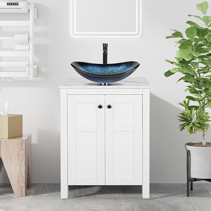 24 Inch White Bathroom Vanity with Marble Texture Top, Traditional Standing Pedestal Cabinet with Blue Boat Glass Sink
