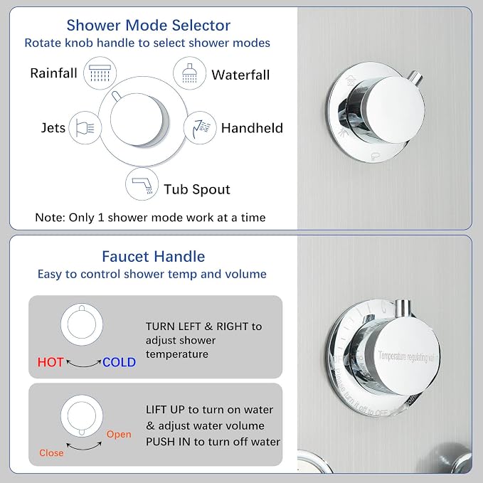 Luxury Shower Tower System with LED Shower Head, 5 Functions Shower Panel Tower System with 4 pcs Body Massage Jets,Stainless Steel Wall Mount Massage Shower Panel Tower System Brushed Nickel
