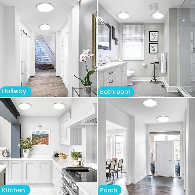 zemty 6Pack 6.5Inch LED Ceiling Lights Brushed Nickel, 12W 1200lm Small Flush Mount Light Fixture, 3000K/ 4000K/ 6500K Round Flat Recessed Ceiling Lights for Kitchen, Closet, Hallway,Pantry
