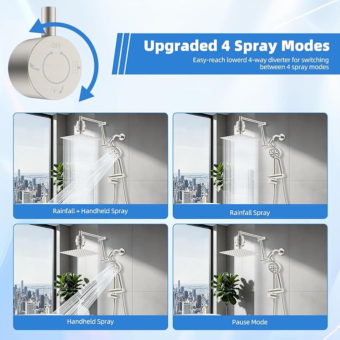 10" Metal Rain Filtered Shower Head with Handheld, 10 Modes, Easy Reach | Brushed Nickel, High-Pressure Rainfall Showerhead, 4-Way Diverter Pause Mode, Adjustable 16" Extension Arm, 20-Stage Filter