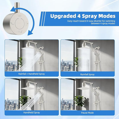 10" Metal Rain Filtered Shower Head with Handheld, 10 Modes, Easy Reach | Brushed Nickel, High-Pressure Rainfall Showerhead, 4-Way Diverter Pause Mode, Adjustable 16" Extension Arm, 20-Stage Filter