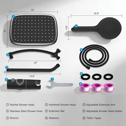 10" Rain Shower Head with Handheld/Extension Arm, Easy-Reach Holder, Chrome | High-Pressure Boosting Rainfall Showerhead with Metal Adjustable Extension Arm, 5-Spray Modes with Power Wash, Easy Install