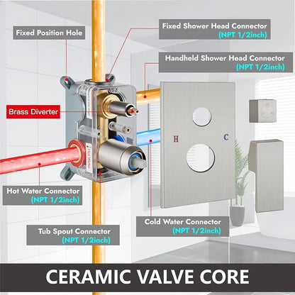 Midanya Shower System with Tub Spout,8 Inch Shower Head,Brushed Nickel | with Valve & Trim Kit,Square Rain Head,Handheld Sprayer,Waterfall Spout,All Metal Wall Mount Bathroom Shower Tub Faucet Set