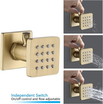 Brushed Gold Rain Shower System Thermostatic Bathroom Faucet Set 16X32 Inch Ceiling Mount Shower Head Set Complete With Thermostatic Control Valve Use All In One