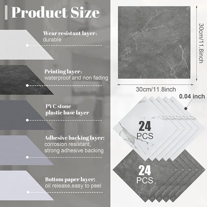 Spiareal 48 Pieces Peel and Stick Floor Tiles Vinyl Flooring 12 x 12 Inch Stick on Floor Tile Self Adhesive Waterproof DIY for Bathroom Kitchen Bedroom Living Room(Gray Marble,White Marble)