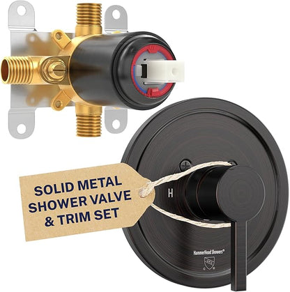 HammerHead Showers Solid Metal Single-Handle Trim Kit with Rough-In Shower Valve, Volume and Temperature Control, Pressure Balance, Oil Rubbed Bronze