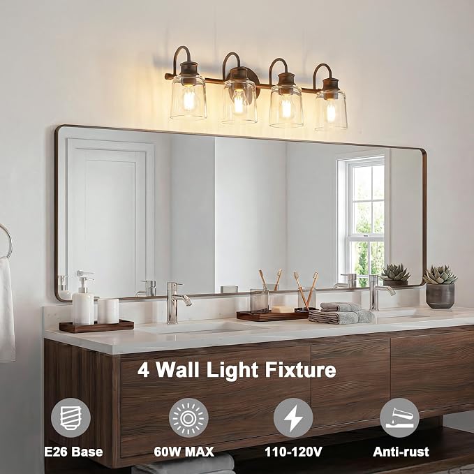 4 Lights Bathroom Light Fixture Oil Rubbed Bronze Vanity Lights | ETL Certificate, Easy to Install,Wall Mount Up or Down,Thickened Glass Lampshade,E26 Socket,Hardwired