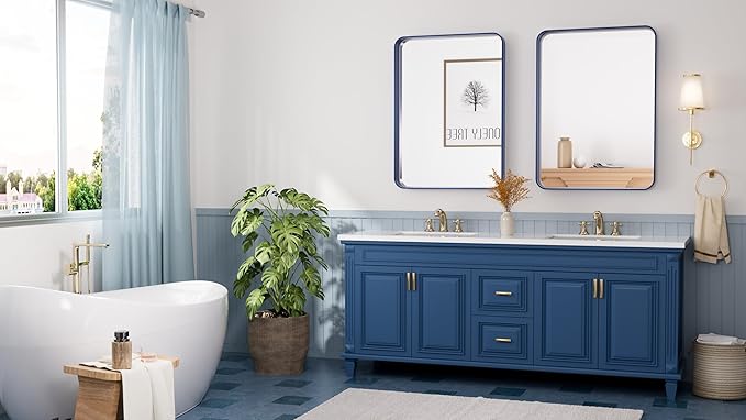 TETOTE 22 x 30 Navy Blue Mirror for Bathroom Metal Frame Wall Mounted Rectangle Mirror for Vanity with Sandy Textured Surface(Horizontal/Vertical)