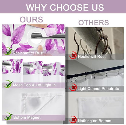 No Hook Shower Curtain and Liner Set, Purple Eucalyptus 71x84 | Floral Design, with Snap in Liner, See-Through Top Window, Waterproof, Machine Washable, Quick-Drying, for Hotel Bathroom