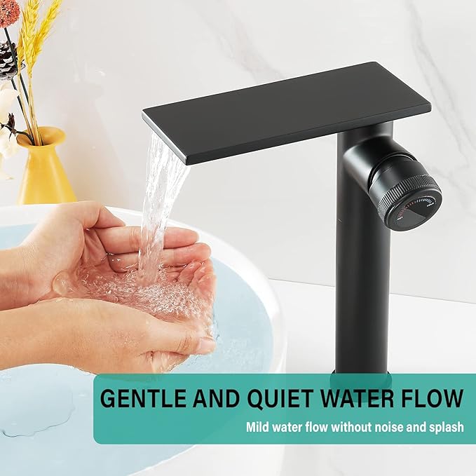 becola Modern Matte Black Bathroom Faucet，Tall Waterfall Faucet for Bathroom Sink，Single Hole Cold and Hot Basin Mixer Tap，Single Handle Vanity Faucet with Adjust Knobs and Two Supply Lines
