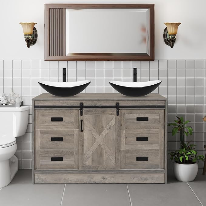 48 inch Barn Door Bathroom Vanity with 6 Drawers, Farmhouse Style Standing Pedestal Cabinet with Two Black and White Ceramic Boat Sink