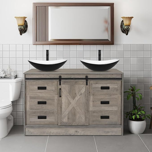 48 inch Barn Door Bathroom Vanity with 6 Drawers, Farmhouse Style Standing Pedestal Cabinet with Two Black and White Ceramic Boat Sink