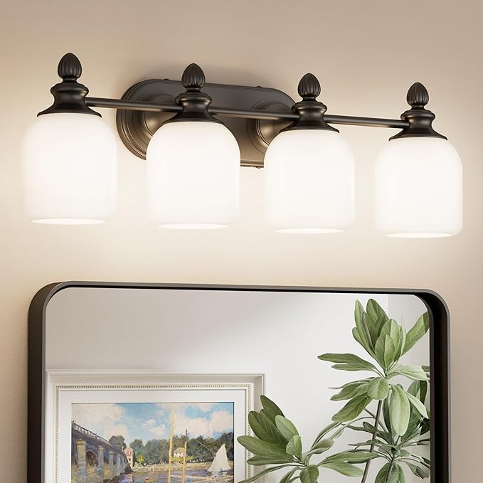 Keonjinn 4-Light Bathroom Light Fixtures, Black Vintage Vanity Lights for Mirror with Frosted Glass Shades, UL Listed E26 Base(Bulbs Not Included), Reversible Vanity Lighting Fixtures for Bathroom
