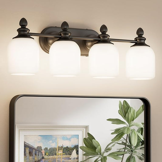 Keonjinn 4-Light Bathroom Light Fixtures, Black Vintage Vanity Lights for Mirror with Frosted Glass Shades, UL Listed E26 Base(Bulbs Not Included), Reversible Vanity Lighting Fixtures for Bathroom