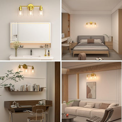 Bathroom Vanity Light Fixtures, 3-Light Brushed Gold Wall Sconce with Clear Glass, Modern Vanity Lights Over Mirror for Bathroom, Kitchen, Living Room, Mirror, E26 Base(Bulbs Not Included)