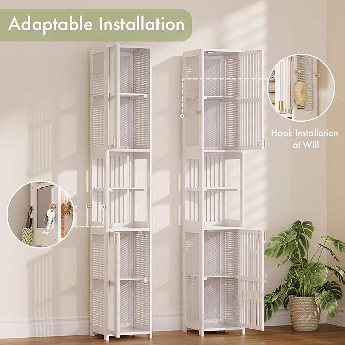 Amazer 70'' Tall Bathroom Storage Cabinet Bamboo, Slim Storage Cabinet with Rattan Door and Adjustable Shelves, Narrow Freestanding Organizer for Living Room Kitchen, White