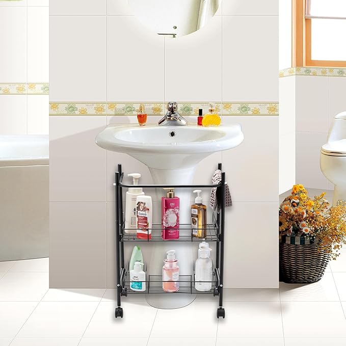 2-Tier Under Sink Organizer Multipurpose Movable Rolling Cart Storage Cabinet Basket for Bathroom Kitchen with Hand Towel Bar, Black