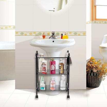 2-Tier Under Sink Organizer Multipurpose Movable Rolling Cart Storage Cabinet Basket for Bathroom Kitchen with Hand Towel Bar, Black