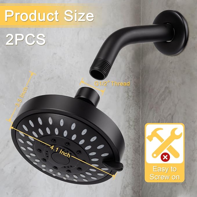 AISOSO Shower Head 2PCS,5-Mode High-Pressure Showerhead 4.1",Matte Black