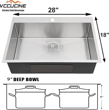 VCCUCINE 28x18 Inch Drop in Kitchen Sink 16 Gauge Top Mount Handmade T304 Brushed Nickel Kitchen Sink,Stainless Steel Single Bowl Workstation Topmount Overmount Sink with Strainer