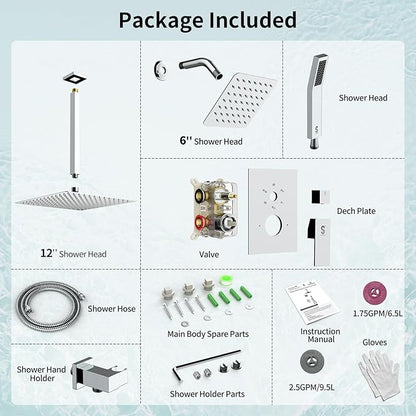 Shower Faucet Set Shower System - SR SUN RISE Polished Chrome Shower Trim Kit with Dual Shower Head, 12'' Ceiling Rainfall 6'' Wall Mount with Handheld Shower for Couples, Complete 6 Diverter Valve