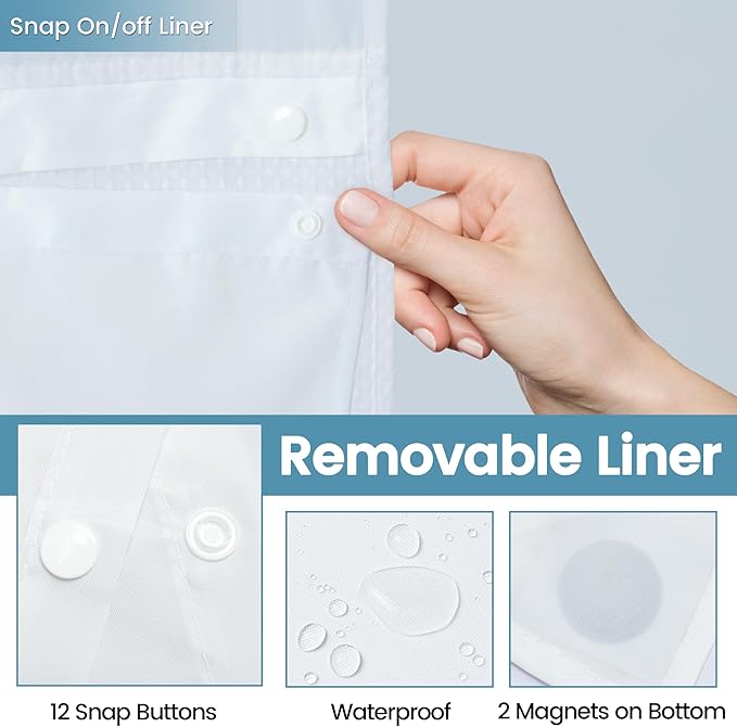EUTXL Heavyweight No Hook Shower Curtain with Liner, White, 54x74 | Snap in Liner, Thick Waffle Fabric, Hotel Quality, Corner Magnets, Waterproof & Washable