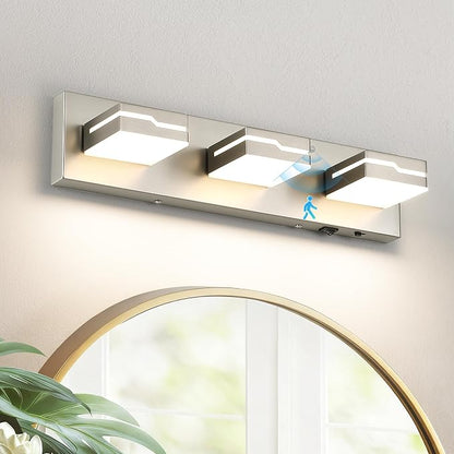 LED Modern Bathroom Vanity Light Fixtures 3-Light, 19 inch 3CCT Dimmable Nickel Motion Sensor Vanity Lights for Bathroom Lighting Fixtures Over Mirror, with 350° Rotatable Acrylic Heads